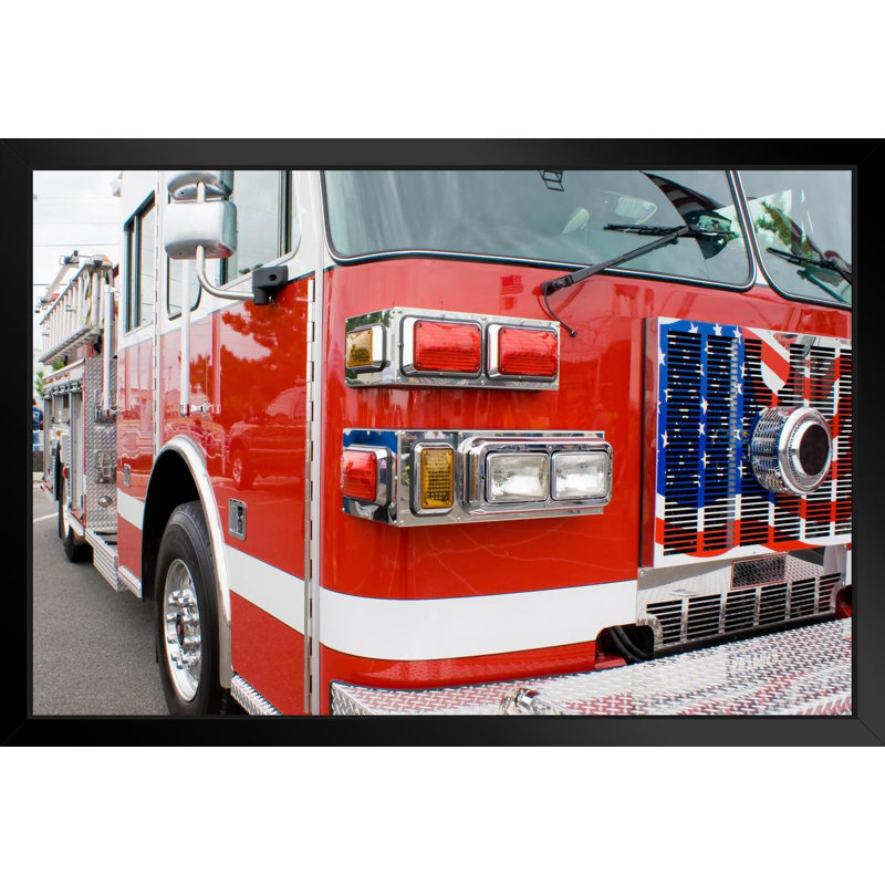 Latitude Run® Firetruck Emergency Services Ladder Truck With Patriotic Flag Grill Photo Art